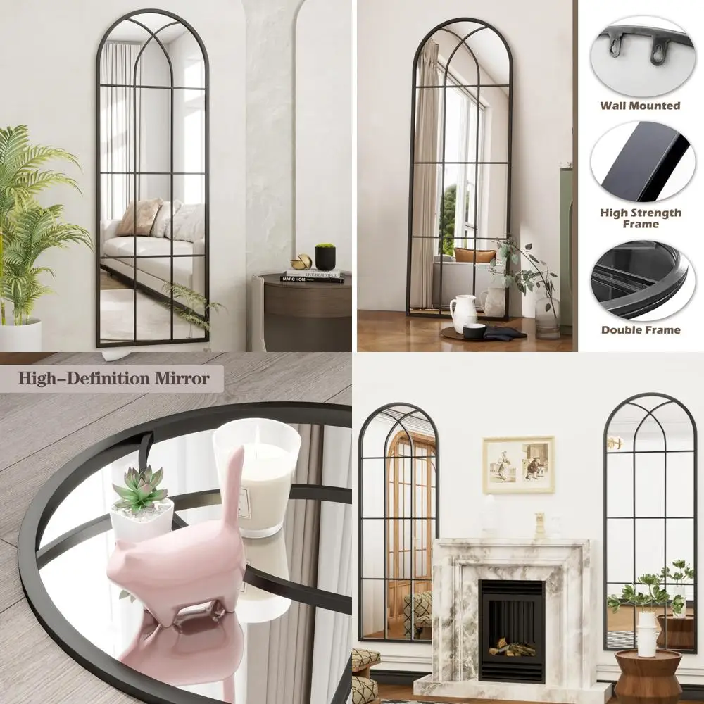 مرآة حائط مقوسة كاملة الطول، قائمة على الأرض، نمط المزرعة، مرآة طويلة للجسم لديكور المنزل #1