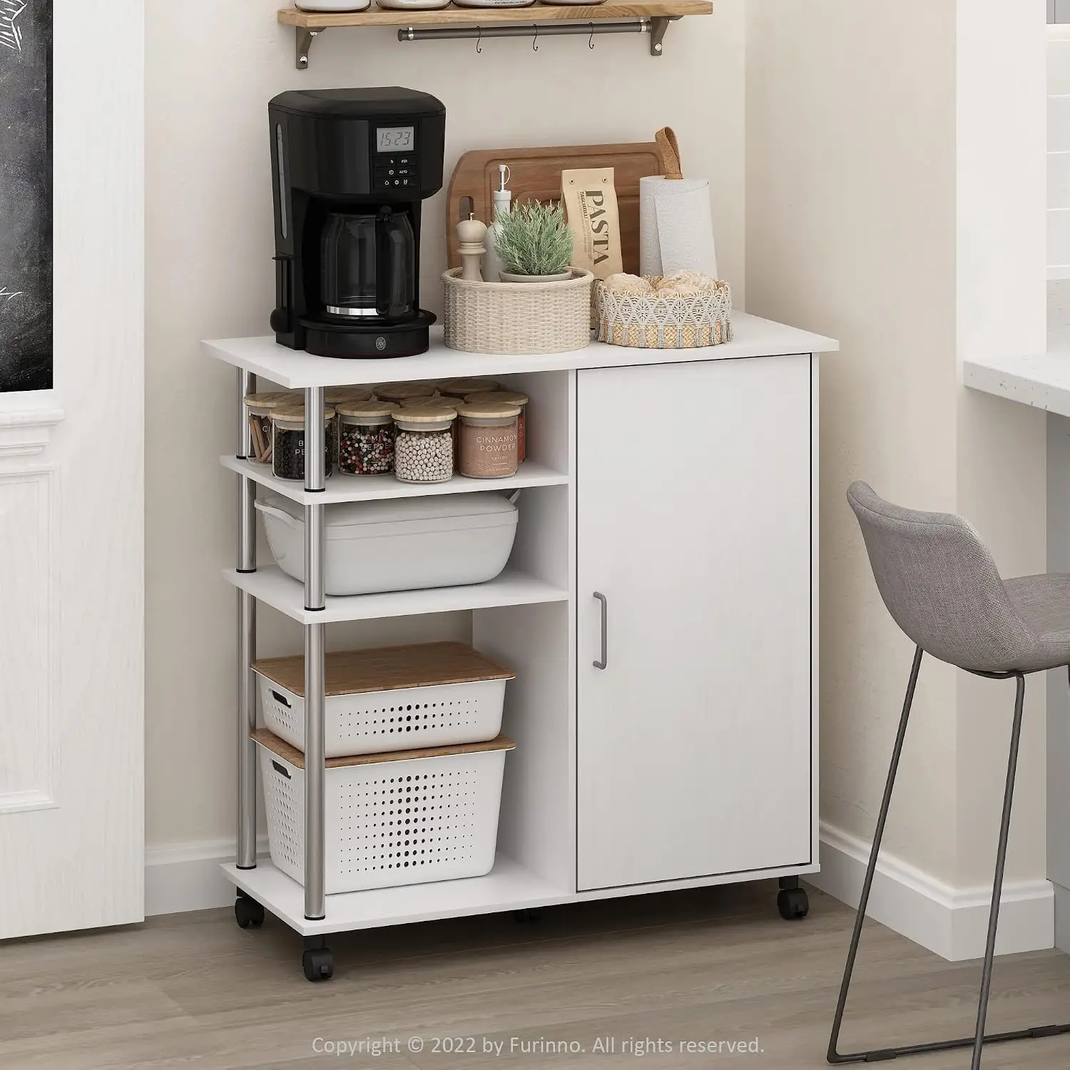 4-Tier Rolling Utility Cart with Closed Storage Cabinet Mobile Wooden Storage Trolley Cart on Wheels for Kitchen Living Room Home Office White Wood