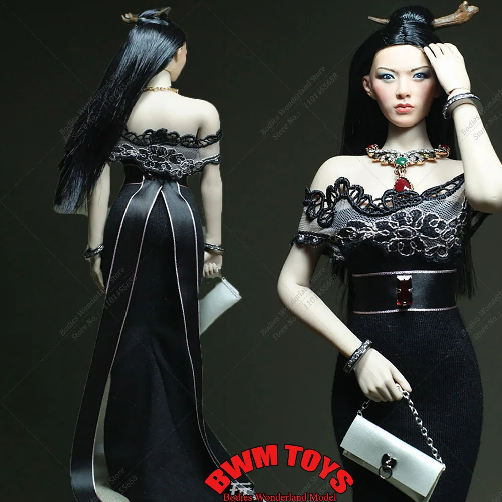 Customized 1/6 Daisy Sexy Women Black Off Shoulder Slim Long Dress Floor-Length Skirt Ruby Waist Seal for 12'' Largest Mid Body