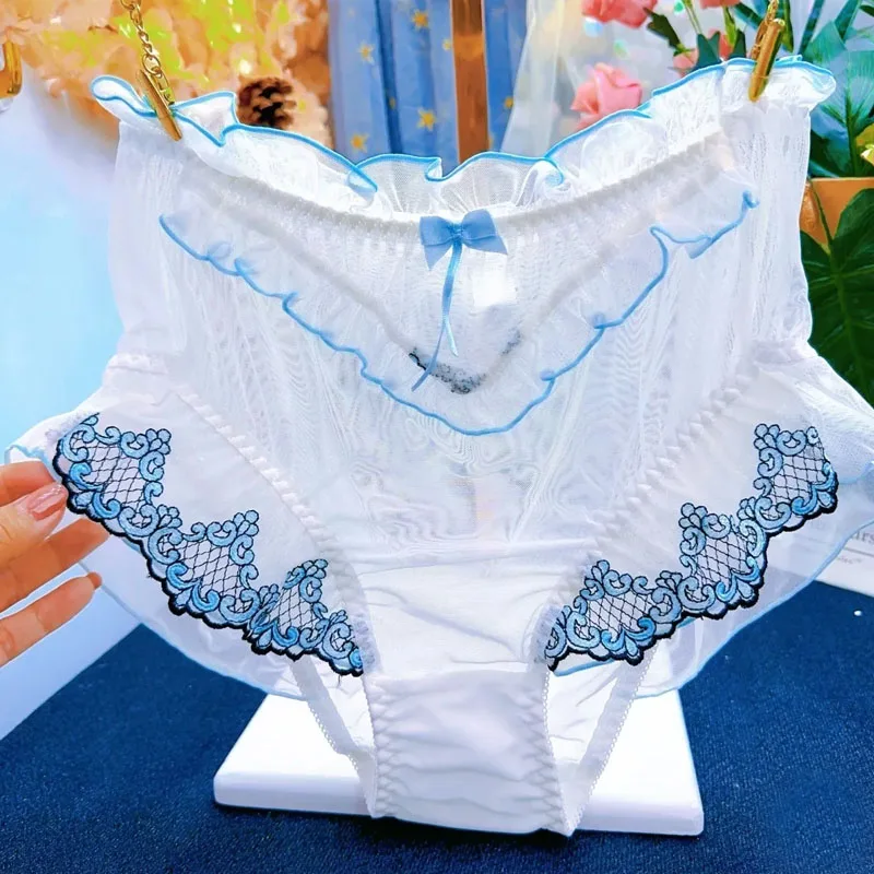 Sexy Lolita Embroidery Transparent Mesh Underwear Lace Princess Cute Bow Panties Soft Ruffled Hollowed Breifs Lingerie