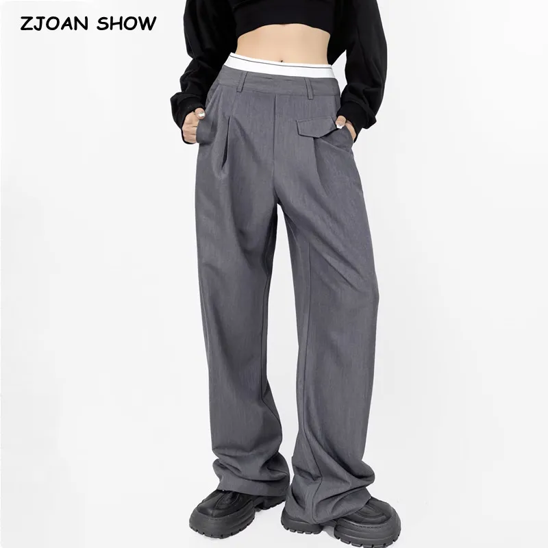 

2023 Autumn Gray Spliced White Elastic High Waist Wide Leg Pants Women Long Loose Straight Korean Trousers Full Length Bottom