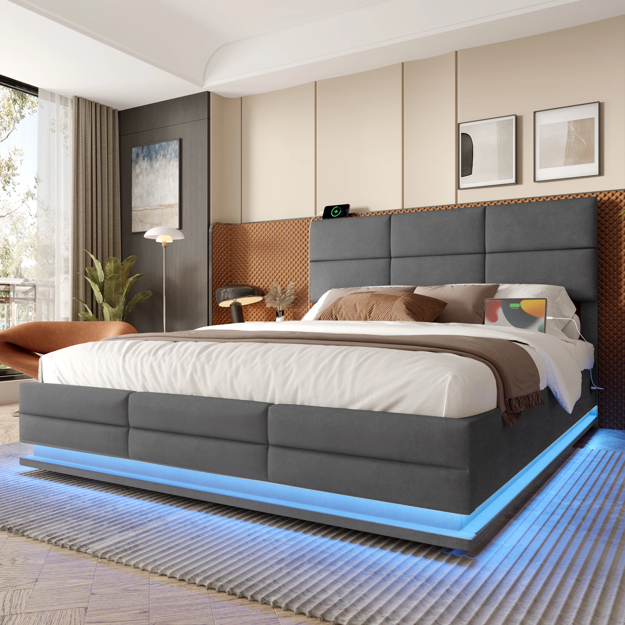 Cadre de lit moderne en velours capitonné 180x200 cm avec tête de lit réglable, éclairage d'ambiance LED à intensité variable, ports USB et Type-C, système de rangement à levage hydraulique, matelas non nécessaire, gris