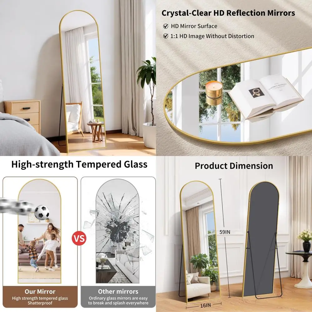 Espelho de chão de comprimento total 59x16, suporte de alumínio, inclinado ou pendurado, espelho de parede do quarto, reflexão de corpo inteiro, casa versátil