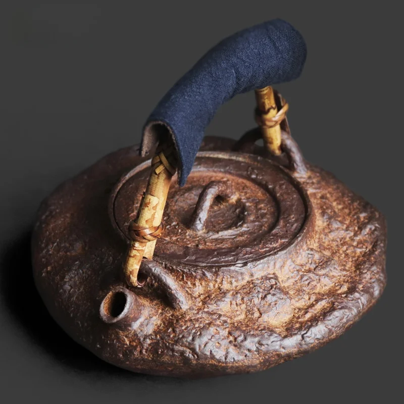 

Ретро-чайник из глины с ручкой, в стиле старинного глиняного чайника, для угольного огня, для печи, китайский, в стиле дзен, с текстурой под старину