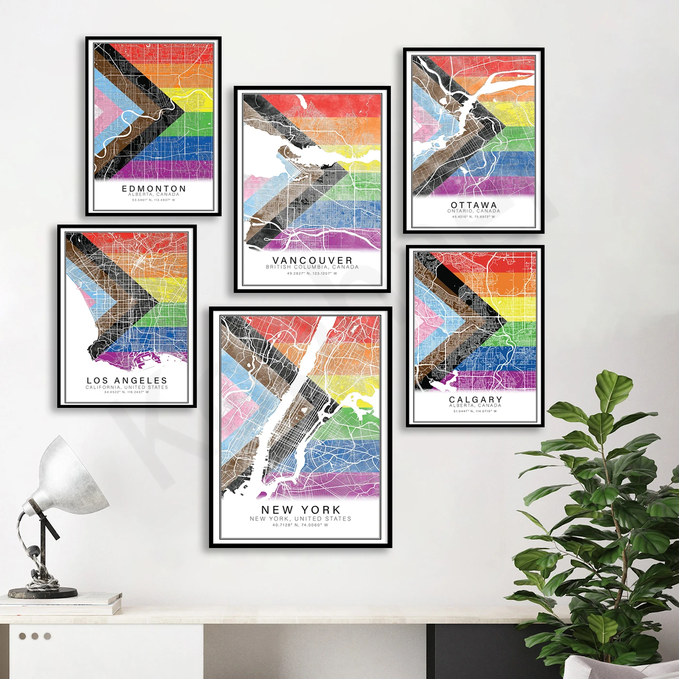 نيويورك إدمونتون فانكوفر أوتاوا لوس أنجلوس كالغاري مونتريال. خريطة ألوان المدينة. ملصق فني لتزيين جدران المنزل
