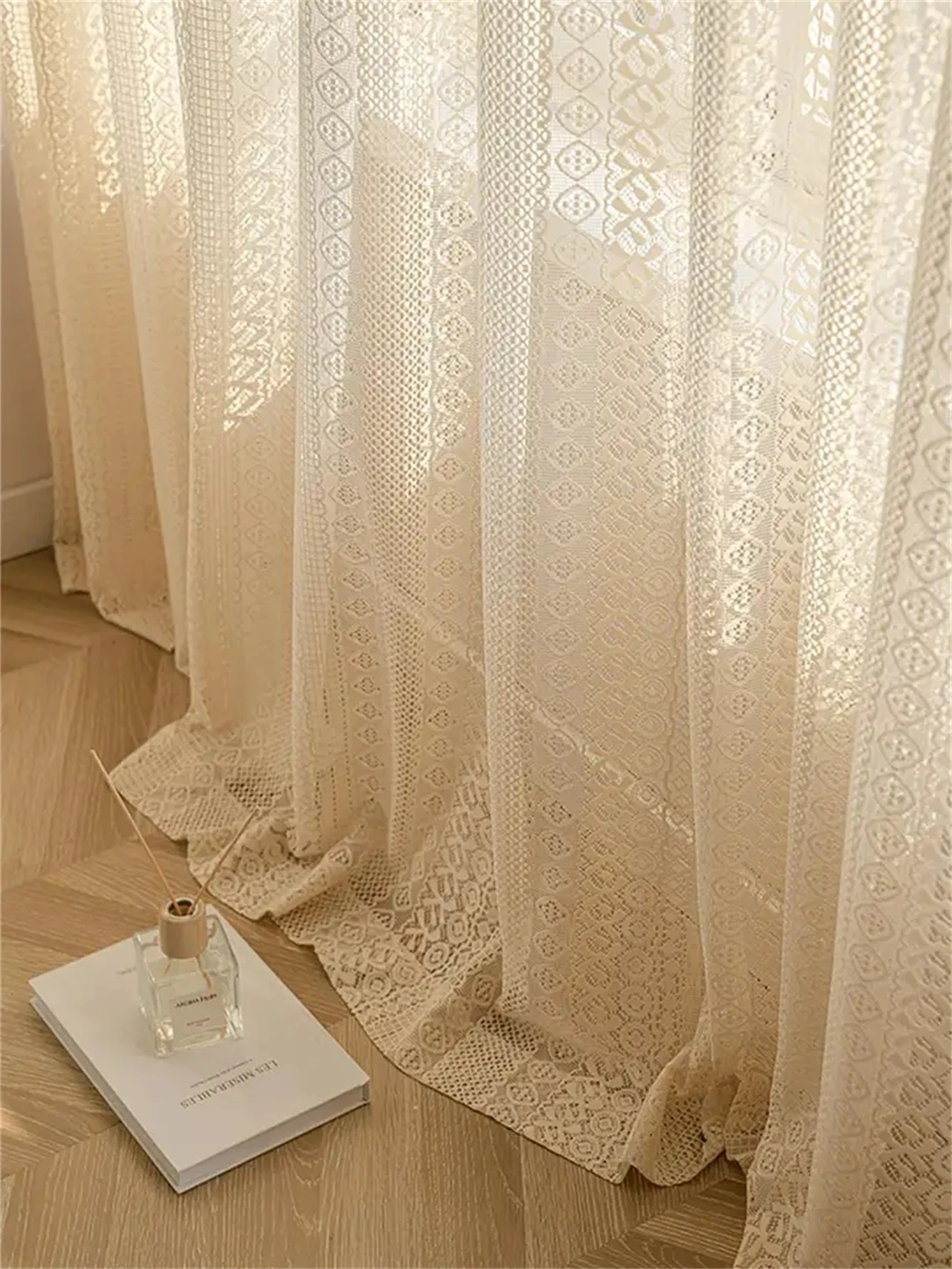 1PC Japanese Boho Style Voile Tulle，Beige Vintage Argyle Geometric Sheer Curtain，Rod Pocket，for the Living Room Decor