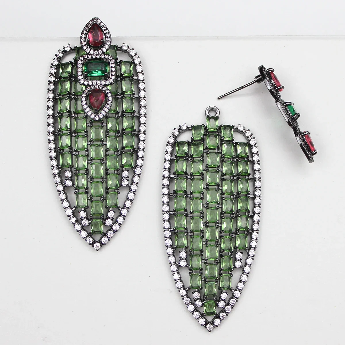 Cubic Zirconia Luxury Big Green Leaf Dangle Earrings for Women Wedding Evening Party Jewelry Female Gift