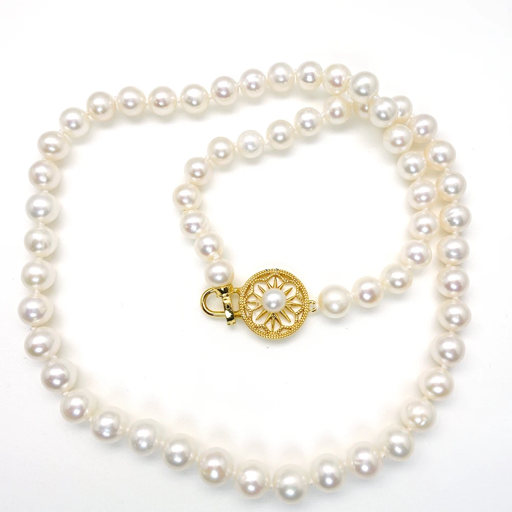 8mm White Freshwater Cultured Pearl Choker Necklace Metal Round Clasp Elegant Ladies Light Luxury Jewellery Accessories