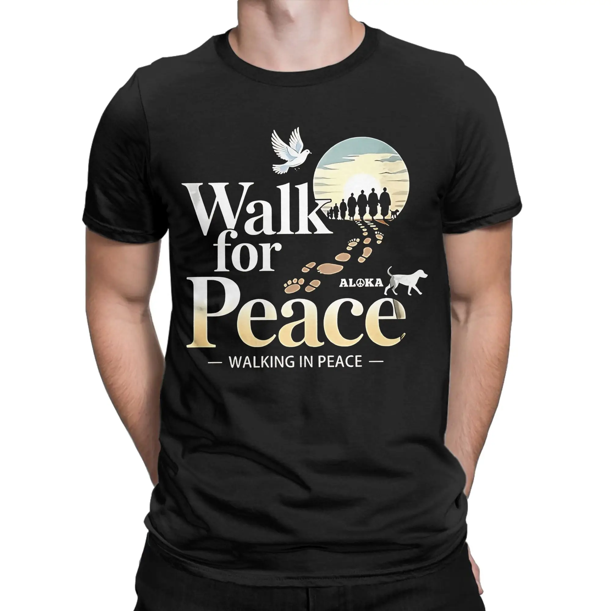 Walk for peace walk in place Aloka and dove illustration Pure Cotton T Shirt For Men Summer  Awesome T-Shirts O Neck Hipster Tee