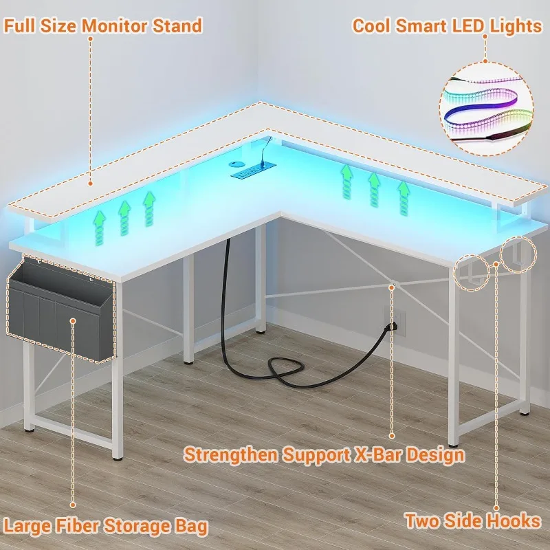 Scrivania per Computer a forma di L con prese di corrente, scrivania da gioco a forma di L con luci a LED, scrivania ad angolo con ripiani