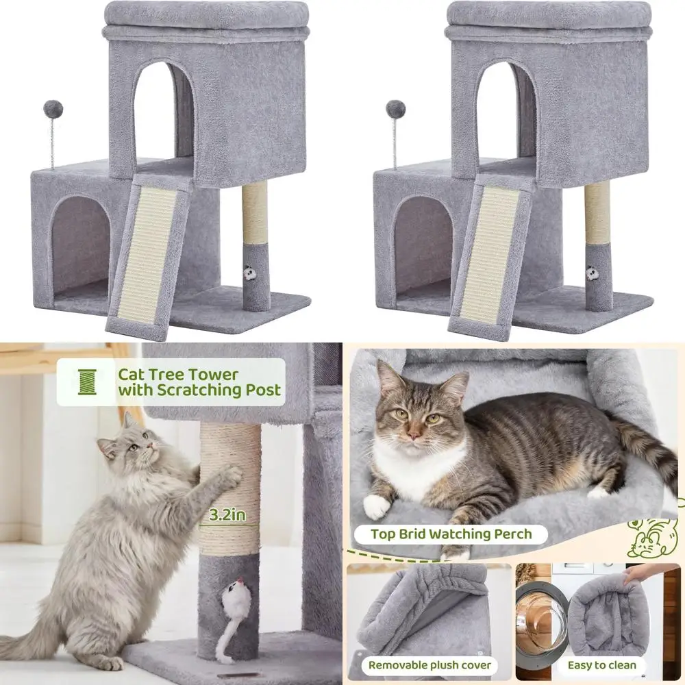 

Light Grey 32 Adult Cat Tower with 2 Condos, Scratching Post, and Board for Cats of All Ages