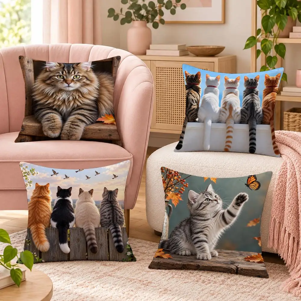Autumn Cat Cute Decor Gift Cushion Cover Pillow Case Organic Short Plush Cushion Covers Washable Wrinkle-Resistant