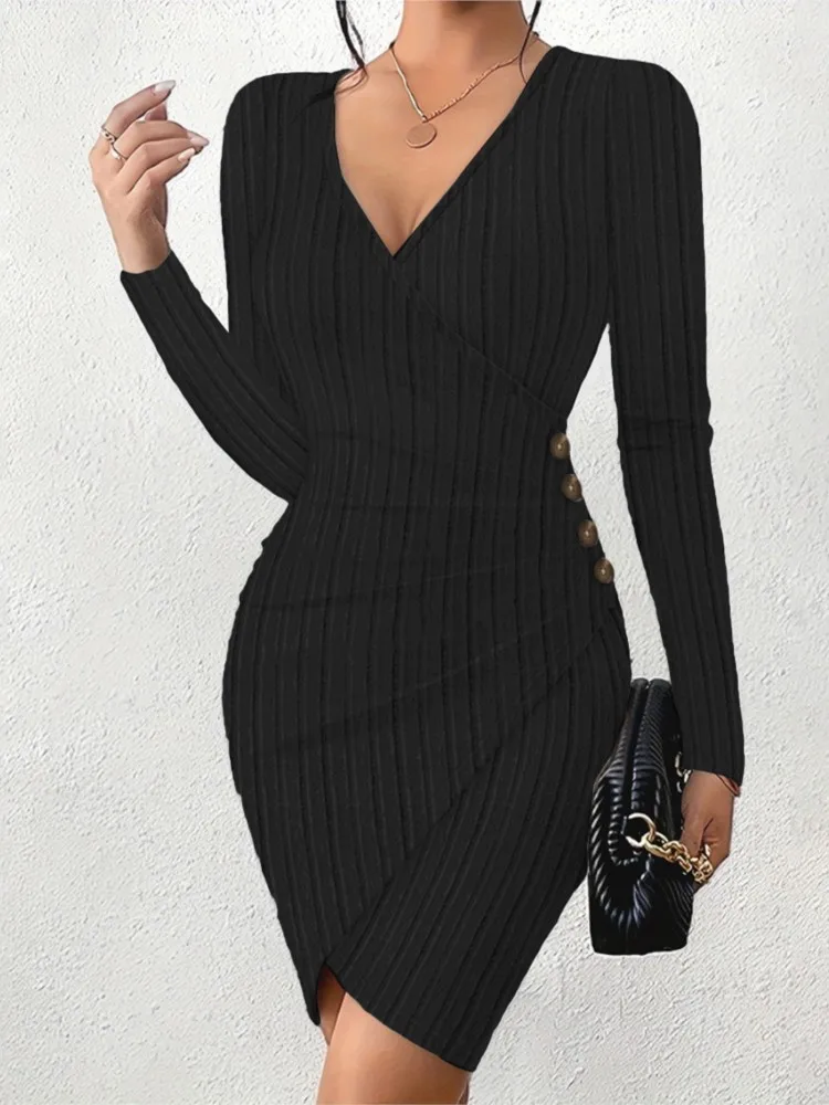 Elegant Slim Office Lady Dress Sexy V-neck Slit Knitted Package Hip Dress For Women Autumn Winter Long Sleeve Bodycon Dresses