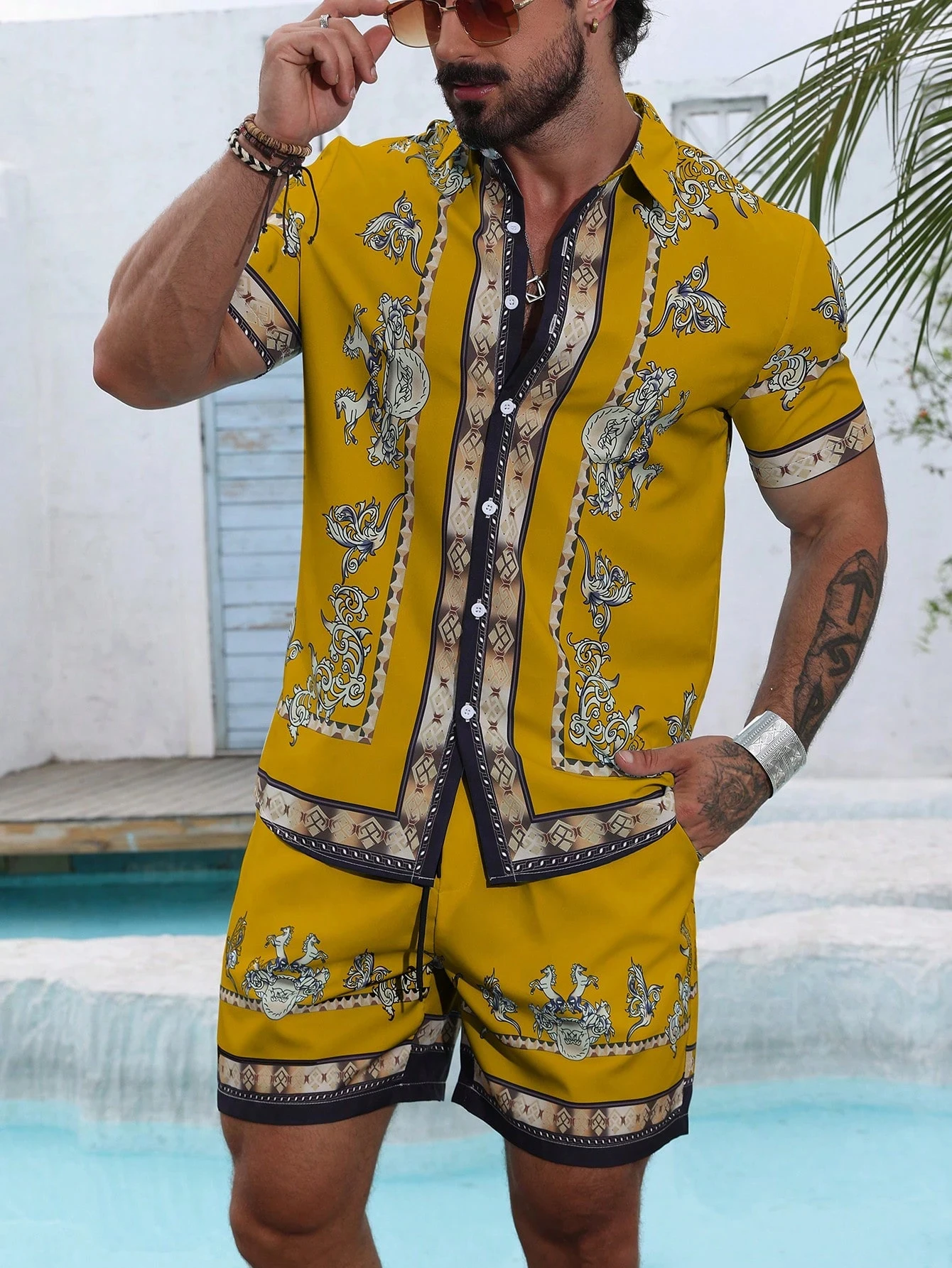 مخطط قميص مجموعة الرجال قصيرة الأكمام قميص الصيف قصيرة الأكمام قميص شورتات للبحر الرجال دعوى الشارع عادية Y2k السراويل الترفيه