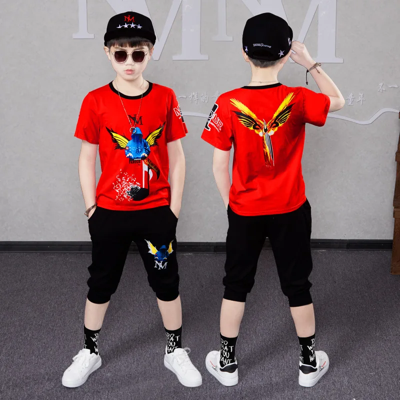 2024 summer Teenager Boys Clothes Casual Outfit Kids Tracksuit Children set loose print t shirt + fifth pant 4 5 6 7 12 Year