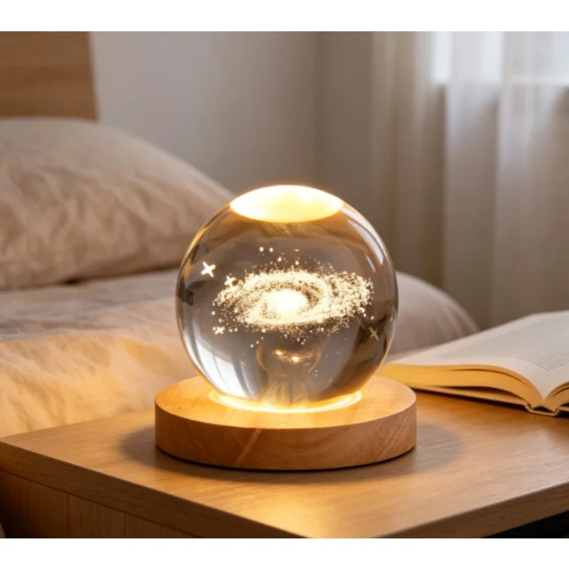 Starry Galaxy Crystal Ball Night Light Warm LED Wooden Base Table Lamp Bedroom Bedside Decor Atmosphere Lamp Birthday Gift