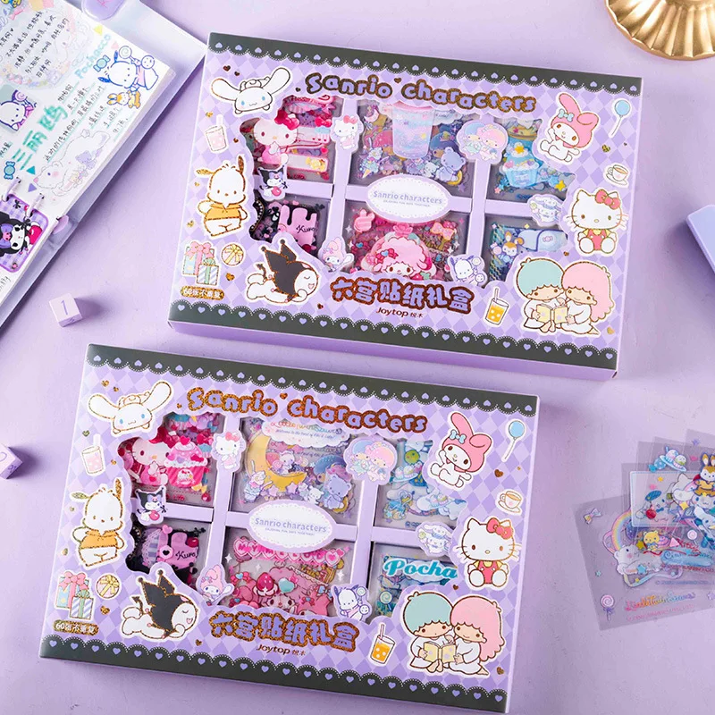 

60pcs Sanrio Sticker Gift Box Kawaii Mymelody Kuromi Cinnamoroll Japanese Children's Cartoon Hand Ledger DIY Decorative Stickers