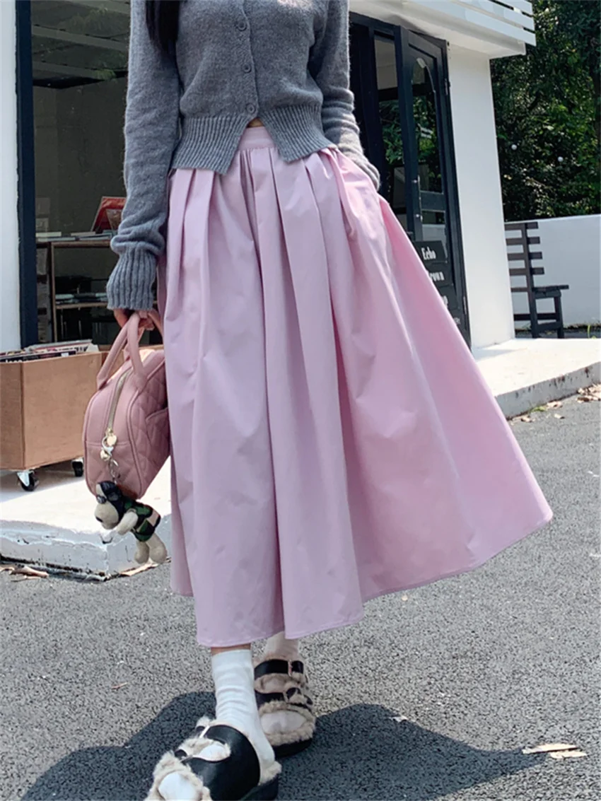 

PLAMTEE Pink Skirts Solid Gentle Women Office Lady High Waist 2024 Mujer All Match Streetwear Loose Autumn Daily Fashion