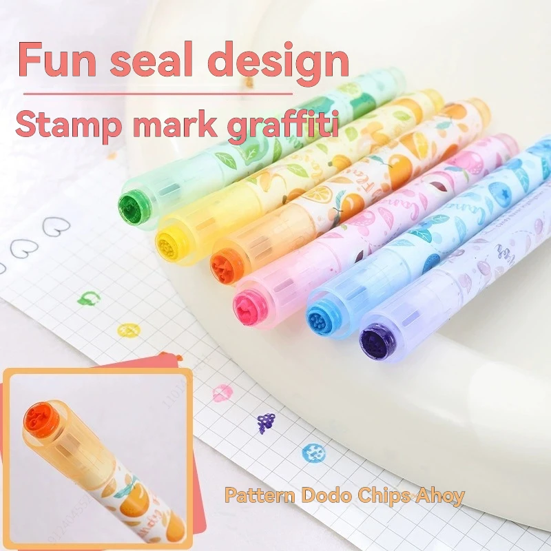 6 Colors Stamp Fruit Candy Aroma Seal Highlighter Set, Chisel Tip, Marker Pen Pastel Assorted Colors for Cute Kawaii Stationery