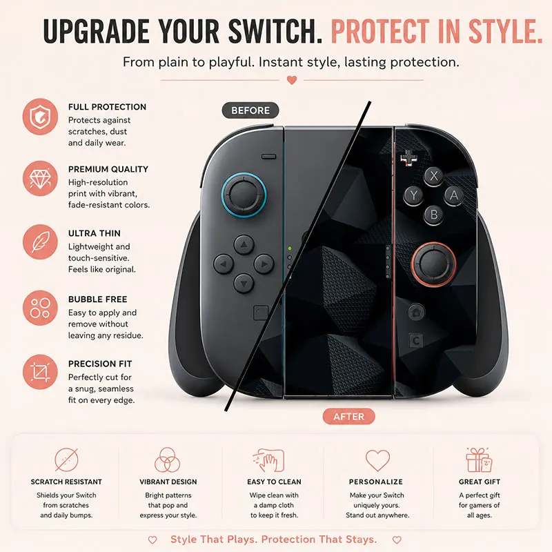 Fiber grid pattern switch game console protective film, with unique design patterns