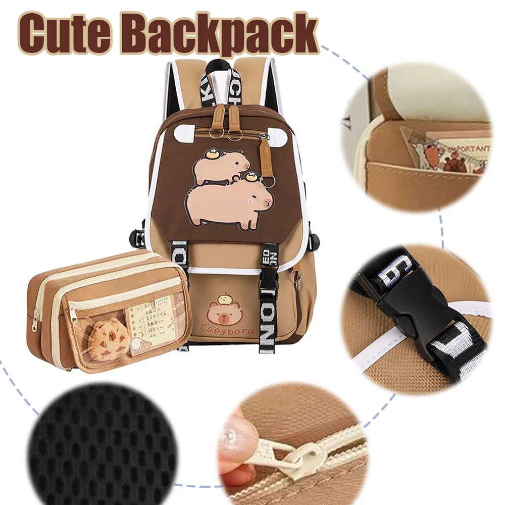 حقيبة مدرسية كابيبارا كاواي مع مقلمة حقيبة ظهر أنيقة وحزام قابل للتعديل وحقيبة ظهر رائعة للتسوق والعمل