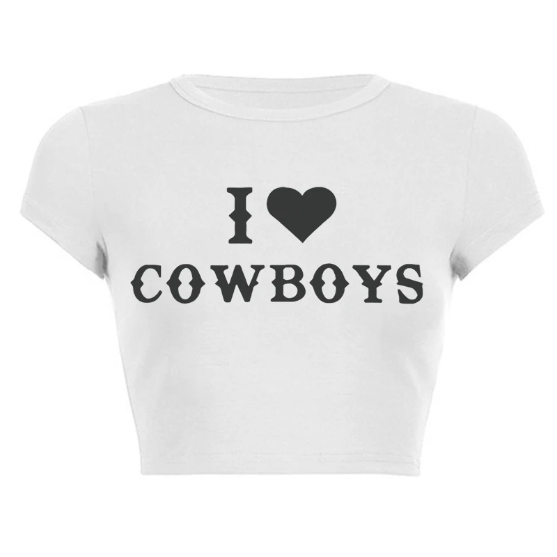 I Cowboys Print Female T Shirt Summer Harajuku Crop Top Sexy Party Clothes O Neck Cropped Navel Women Cotton Fashion T-Shirt