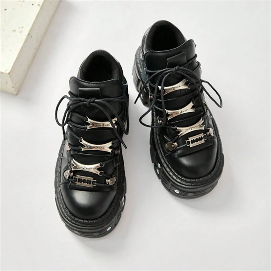 Punk Style Women Black Shoes Rock Metal Decor Lace-up Heel Height Platform Shoes Gothic Man Sneakers Women Ankle Boots 2024 New