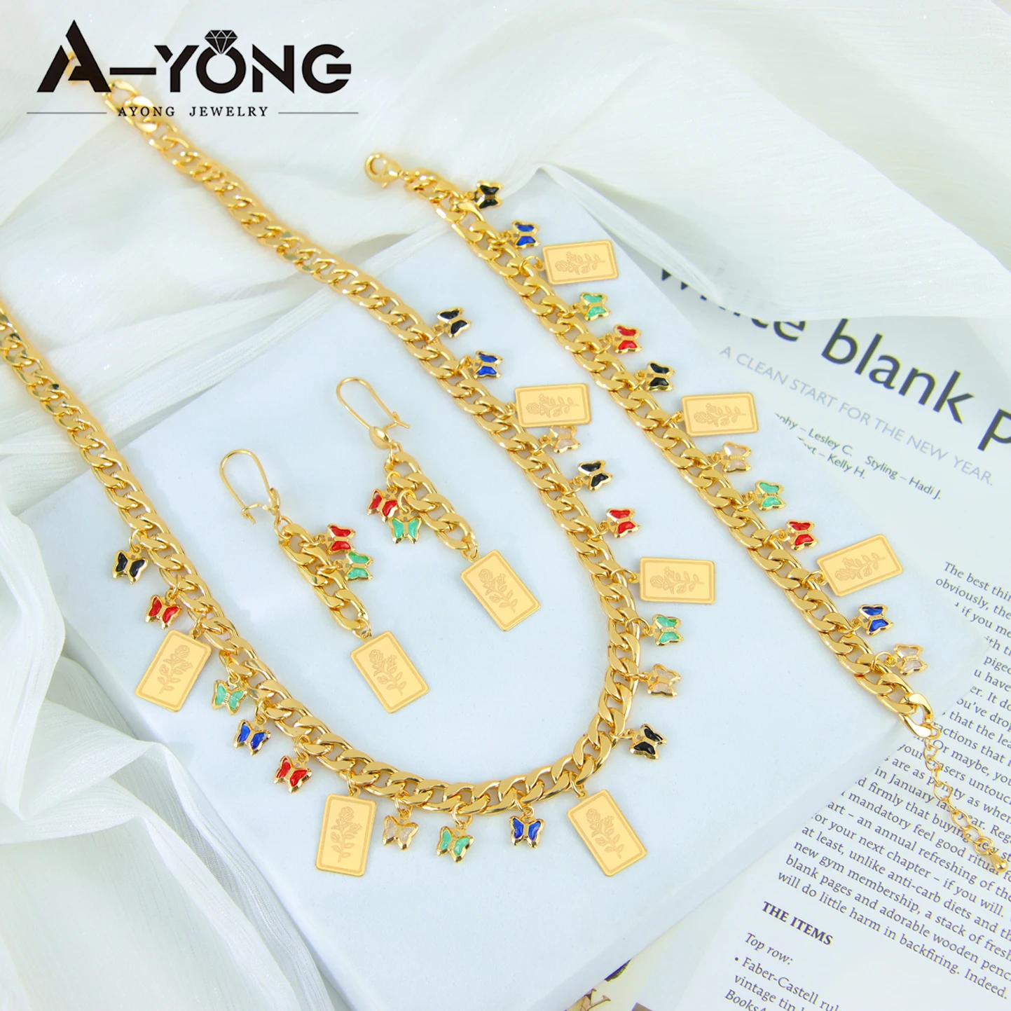 Arabisches Quasten-Blumenschmuckset, 24k vergoldet, elegante Zirkonia-Schmetterlingskette, Armband, Ohrringe, nigerianischer Hochzeitsschmuck – Detail 10
