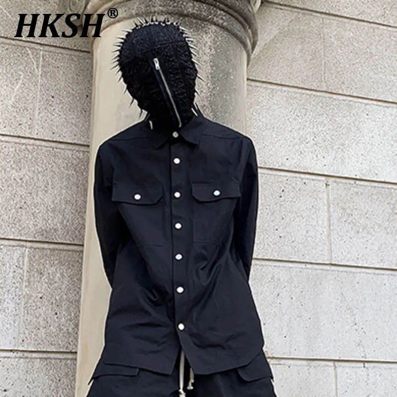 HKSH Spring Autumn New Men\'s Tide Dark RO Cotton Safari Style Shirt Loose Fit Casual Fashion Metal Button Decoration Tops HK1432