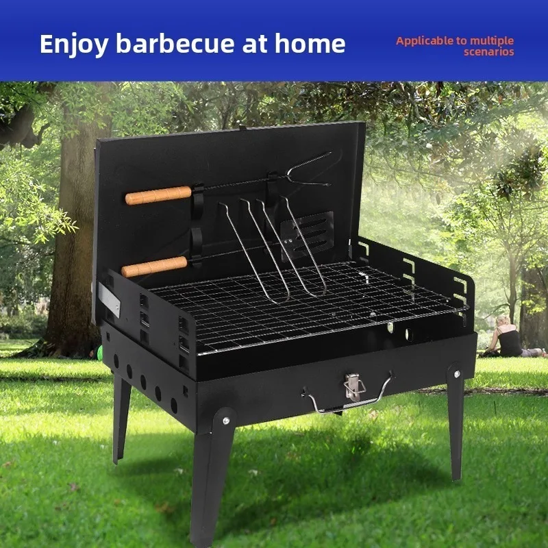 Hot-selling Outdoor Iron Folding Barbecue Grill with Toolbox Folding Barbecue Grill with Built-in Barbecue Toolbox Style Grill