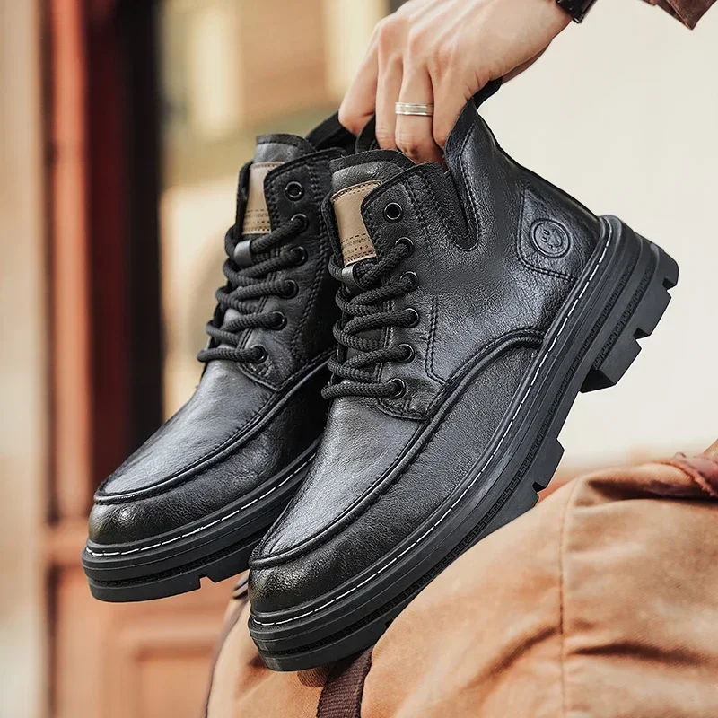 

Зимние модные мужские короткие кожаные ботинки, нескользящие износостойкие мотоциклетные ботинки, модная универсальная мужская повседневная рабочая обувь для путешествий