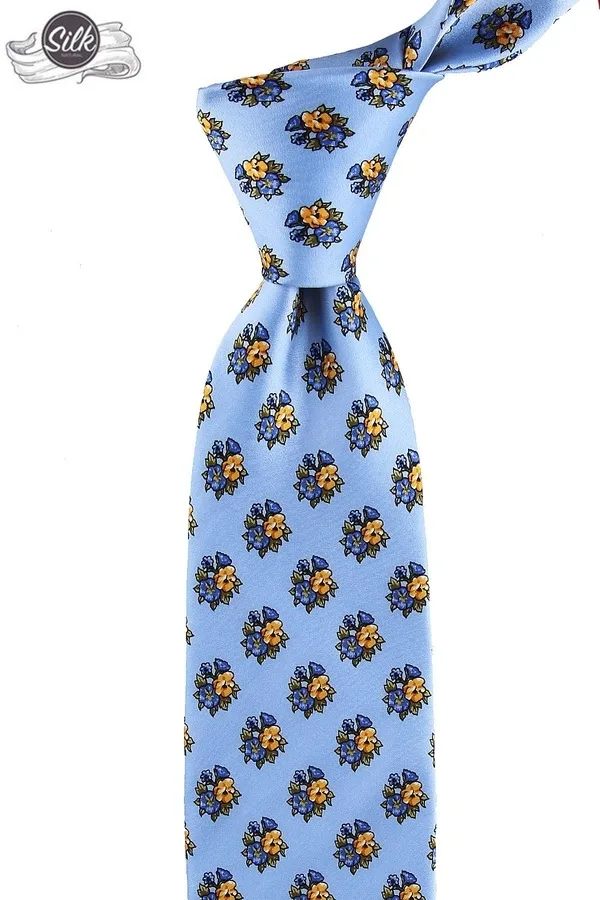 Blue Flower Pattern Printed Silk Tie İK616