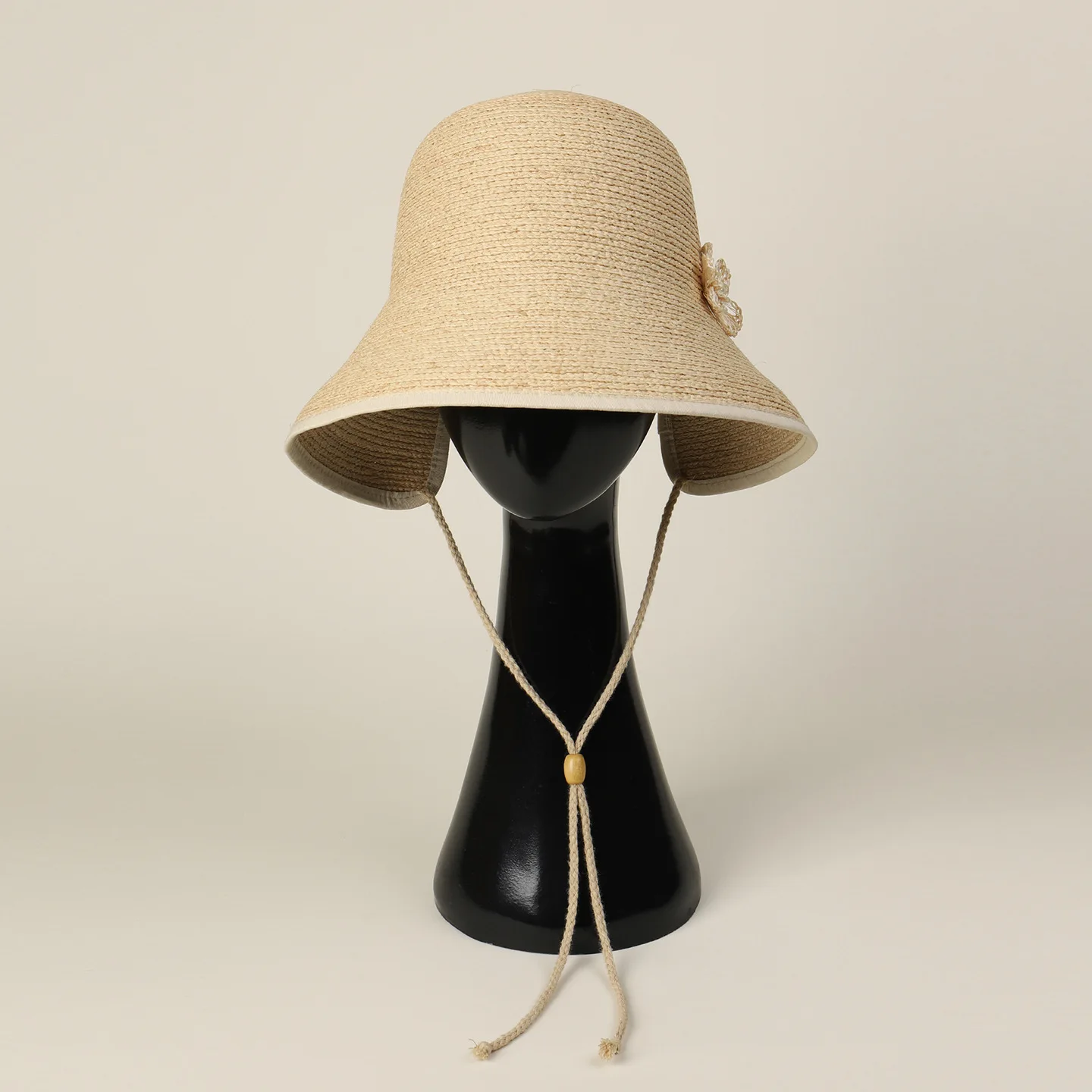 USPOP SOLARA Women Raffia Cloche Hat Open Back Design Flower Sun Hat Wide Brim Summer Beach Vacation Cap with Chin Strap