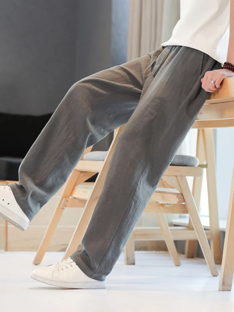

Summer Thin Cotton Linen Wide Leg Pants Men's Loose Fit Straight Cut Casual Long Trousers Breathable Comfortable Lightweight