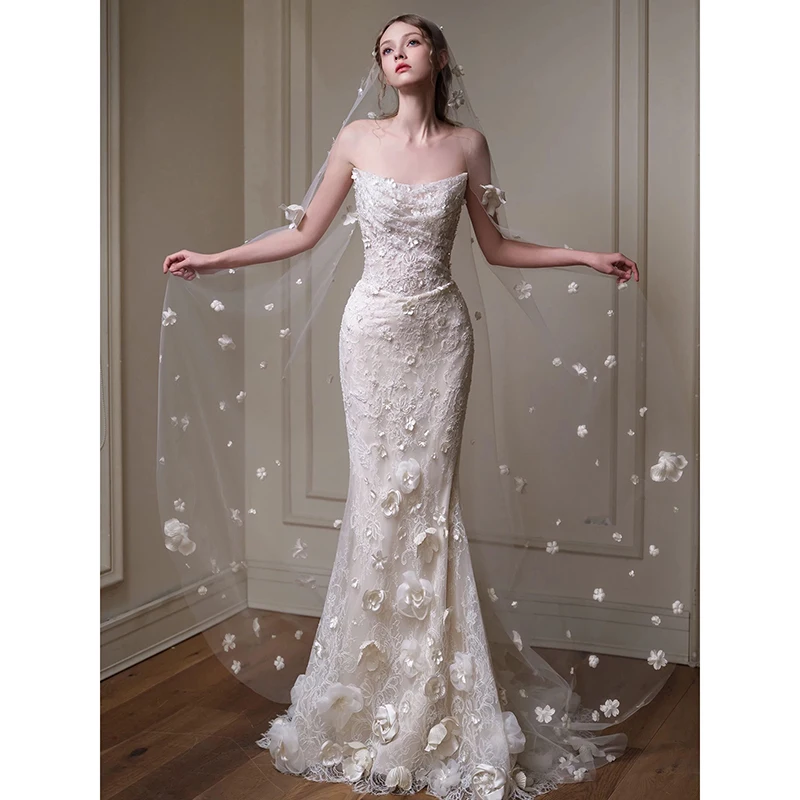 2026 French Strapless Mermaid Wedding Dress Handmade 3D Floral Lace Bridal Gown With Matching Flower Tulle Veil Slim Customized
