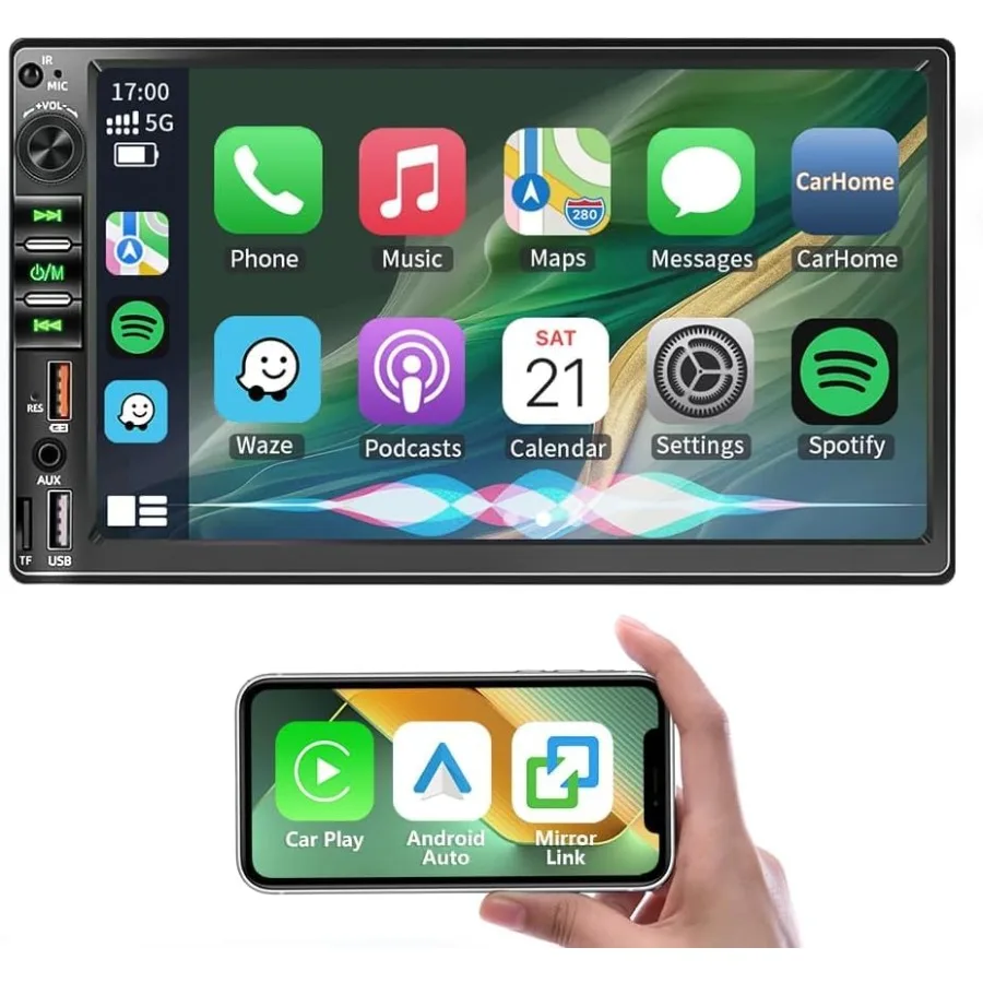 

7 Inch Double Din Car Stereo for Wireless CarPlay Android Auto, HD Touch Screen, Mirror Link, Bluetooth 5.2, 2USB/AUX/TF, AM/FM