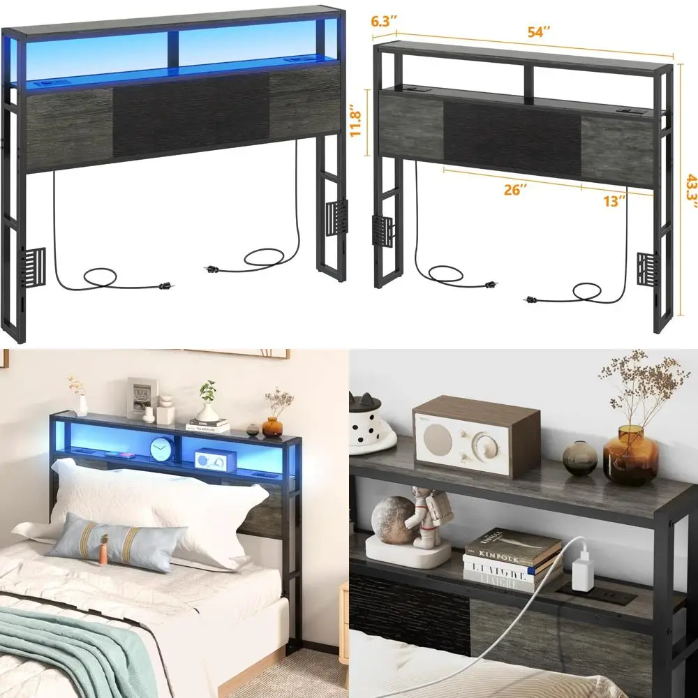 

Полноразмерное изголовье с зарядной станцией, USB-портами, светодиодной подсветкой и двухуровневой полкой для хранения повышенной функциональности спальни.