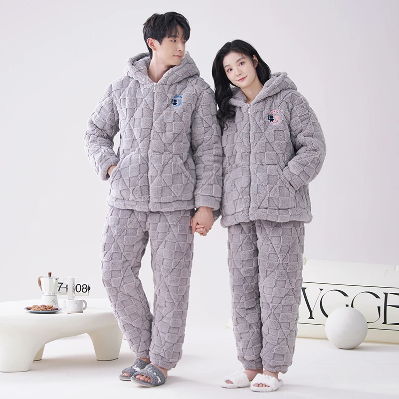 

High Quality Couple Hooded Pajamas Set Thick 3 Layers Pyjama Winter knited Cotton Quilted Pyjamas Women Men Home Wear