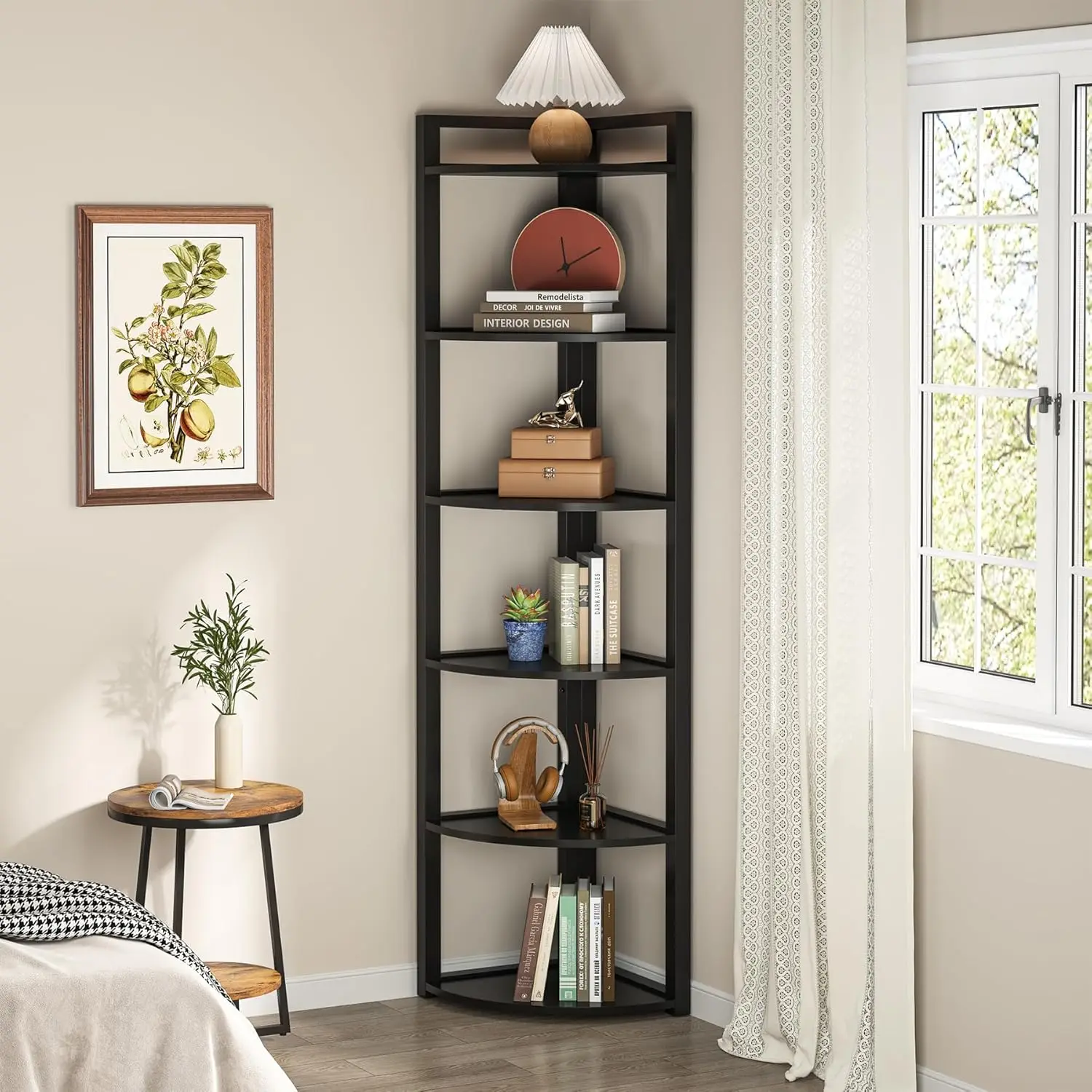 

6 Tier Ladder Shelf with Metal Frames Multifunctional Modern Bookcase for Living Room, Home Office, Kitchen,70.9 Inch
