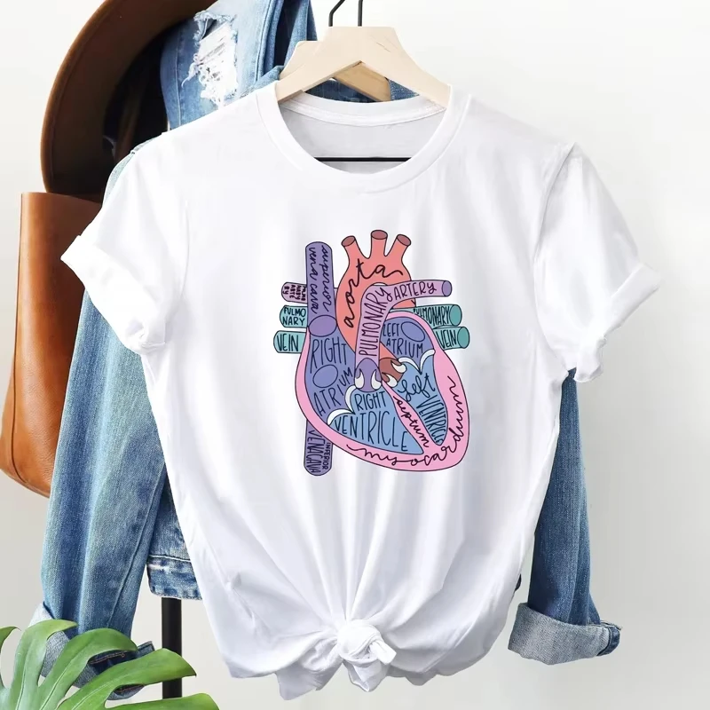 الملونة التشريحية القلب تي شيرت Camiseta وقح المرأة الجرافيك التشريح التي شيرت تنفس قمم