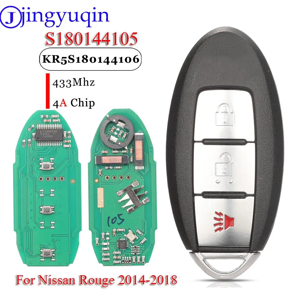 

jingyuqin S180144105 Умный ключ-брелок с 3 кнопками, 433 МГц, чип 4A для Nissan Rogue 2014-2018, KR5S180144106 7812D-S180106
