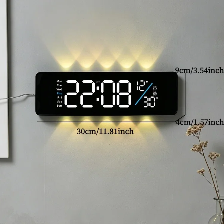 LED Wall Clock Week Date Display 2 Alarms Timer Brightness Adjustment Silent Spotlight Digital Clock Decor with Ambient Light