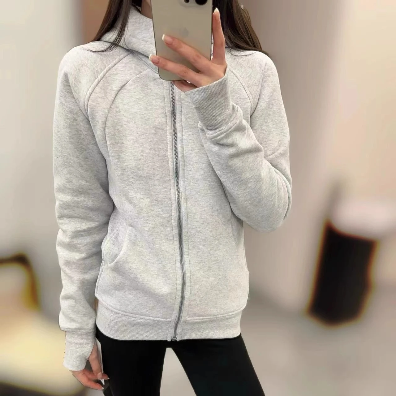 

LU Women's Hooded Jackets Autumn Winter Fleece Thermal Zipper Sweatshirt Long Sleeves Yoga Sports Solid Color Casual Coat Women