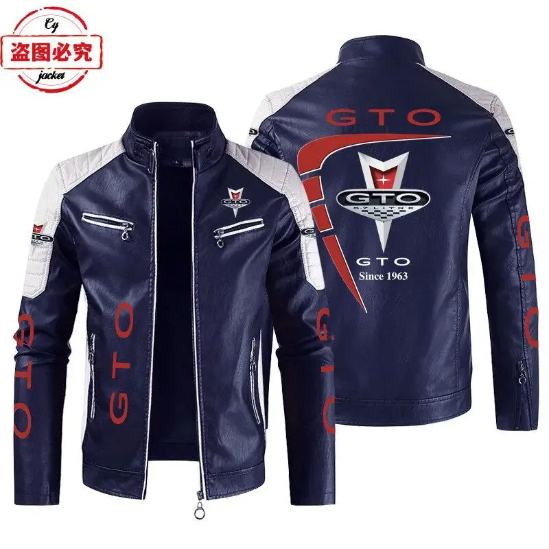 GTO Car Logo Printed Racing Suit PU Leather Jacket Stand Collar Windproof Men's Coat GTO Team Jacket Workwear Zipper Placket