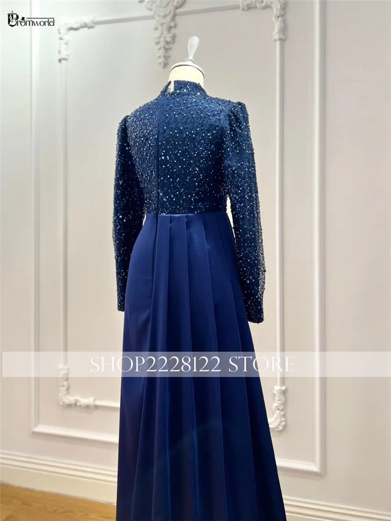 Customized Muslim Formal Dress Long Sleeves Elegant Arabic Evening Gown High Neck Beaded Satin Robes De Soirée Prom Party image 5