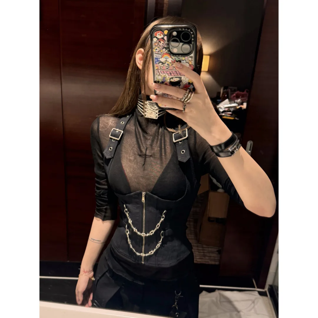 

Harajuku Base All Match Thin See-through T Shirts Y2k Aesthetic Grungr Punk Halter Chain Camisole American High Street Clothes
