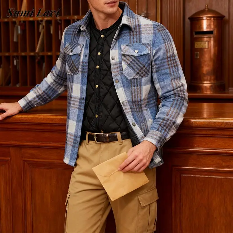 Trendy Mens Plaid Jacket Coat Autumn Winter Outdoor Casual Warm Thick Outerwear Men Vintage Button-up Turn-down Collar Cardigan