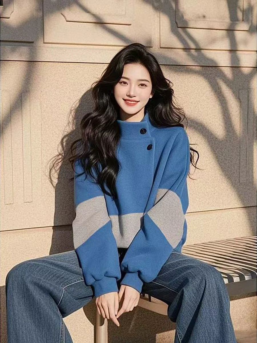 

Новый женский свитшот 2026 года в корейском стиле: свободный крой, весна-осень, модный, уникальный, удобный, с длинным рукавом и круглым вырезом