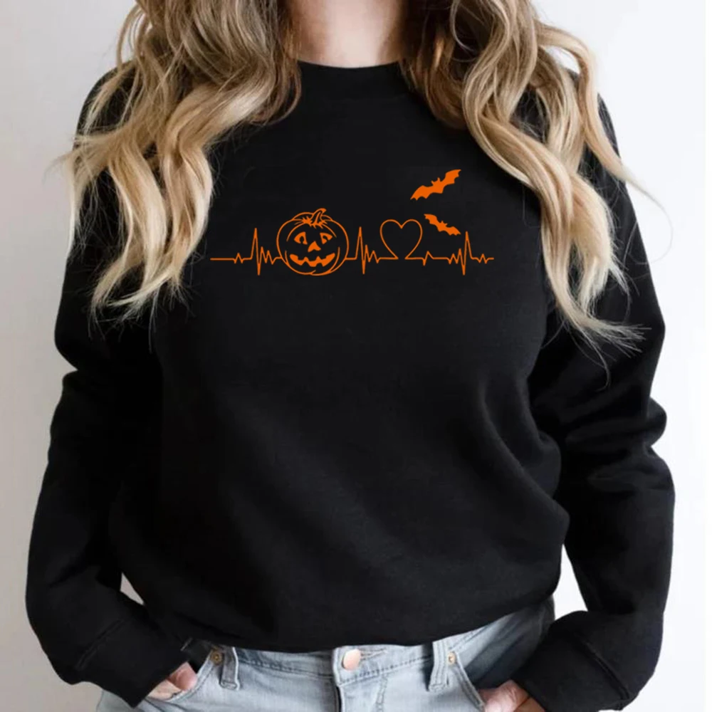 Halloween Pumpkin Heartbeat Sweatshirt Funny Fall Sweatshirt Spooky Season Graphic Hoodies Autumn Pumpkin Lover Pullover Tops
