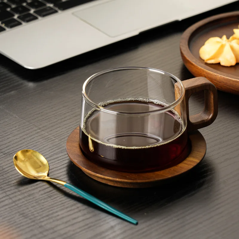 250ml Walnut Wood Cup Mat Premium Glass Coffee Cup Plate Sets Office Coffee Glass Cup and Saucer with Spoon Set Magnetic Design